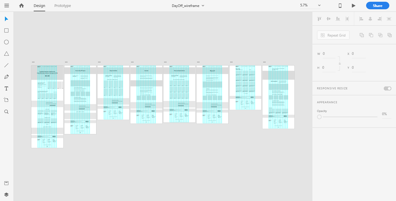 Wireframes do site da Day Off organizados no Adobe Xd